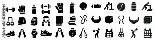 Fitness and exercise silhouette icons set – solid, filled, workout and gym symbols