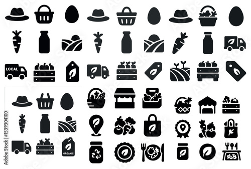 Organic farming silhouette icons set – solid, filled, eco-friendly symbols