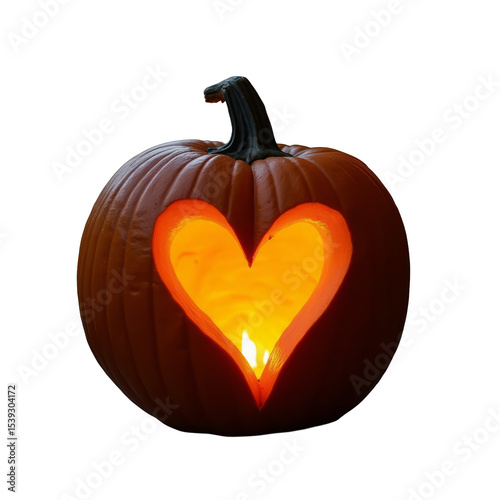 A Creatively Carved Pumpkin in the Shape of a Heart, Lit from Within, Set on a Porch During Halloween