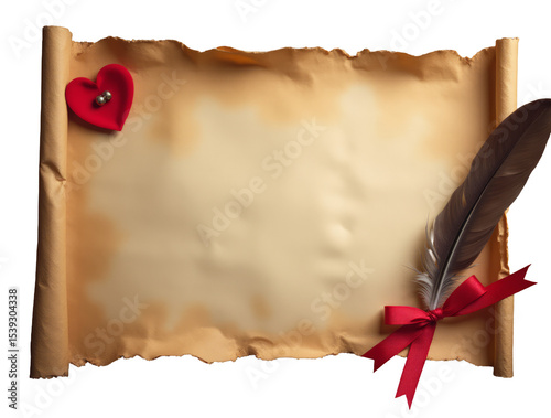 Empty Love Letter on Rustic Parchment Paper Tied with a Red Ribbon, Placed Next to a Quill and Ink
