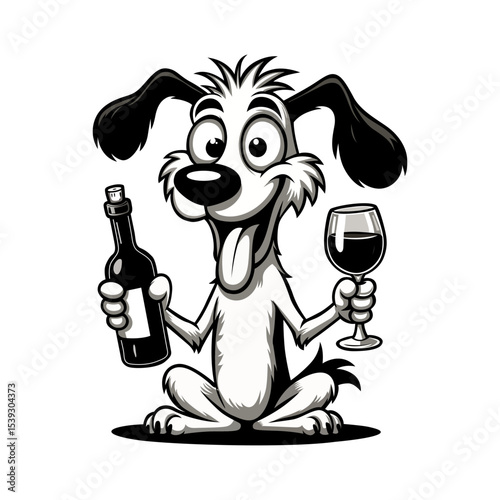 Funny Cartoon Dog Holding Wine Bottle and Glass – Vector Illustration for Wine Humor and Party Themes

