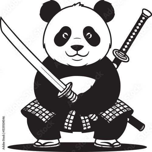 Panda samurai with two swords in front of a sunset background with horizontal lines design art