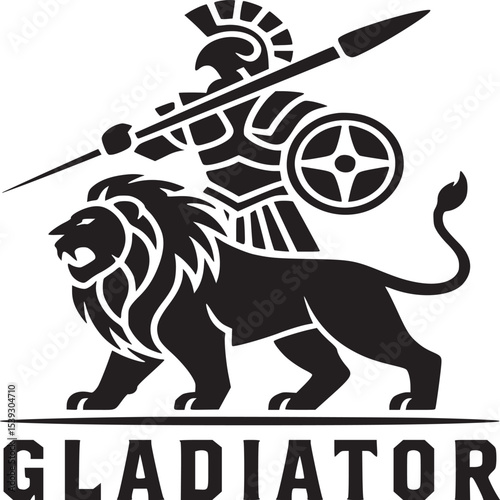 Black gladiator with spear and shield standing behind a lion in a stylized logo design illustration