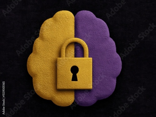 Conceptual representation of a secure lock on the brain symbolizing mental protection and identity security in a vivid color palette emphasizing digital autonomy and psychological safety