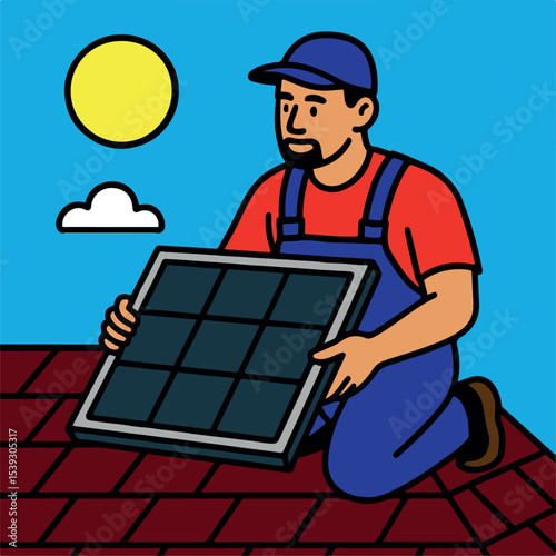 illustration of man in overalls on a red tiled roof holding a solar panel under a bright sun and a cloud