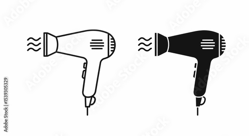 This high-quality vector image features two minimalist hairdryer icons: a black outline and a solid black silhouette, both with wavy lines, vents, a handle, and power cord, all with fine details.