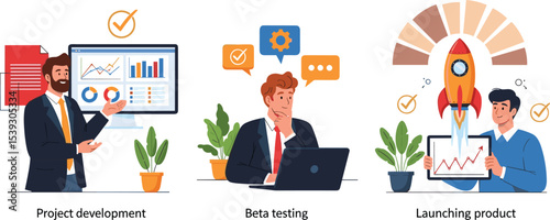 Illustration set of professionals working on software project development, conducting beta testing, and successfully launching a new product to market.