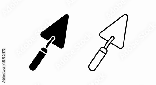 This high-quality vector image features two minimalist trowel icons: a solid black silhouette and a black outline, both with a pointed triangular blade and a cylindrical handle, all with fine details.