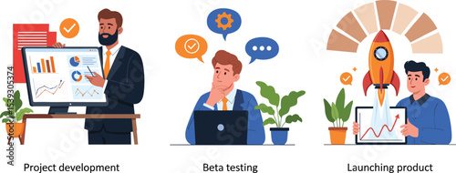 Illustration set of professionals working on software project development, conducting beta testing, and successfully launching a new product to market.