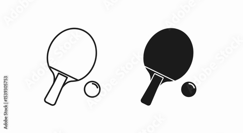 This high-quality vector image features two table tennis (ping-pong) icons: a black outline and a solid black silhouette, both showing paddles and a ball, all with fine details.