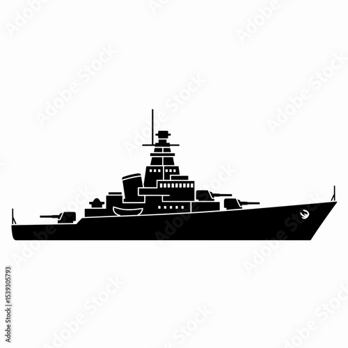 A solid black battleship silhouette in profile, with a pointed bow, multi-tiered superstructure, circular porthole, and two gun turrets, all finely detailed and suitable for vector use.
