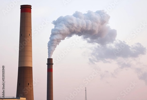 Tall brown coal plant smokestack emitting dark plumes into hazy sky,  brown coal power station,  particulate matter