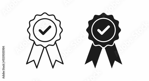 This high-quality vector image features two simple award ribbon icons: a black outline and a solid black silhouette, both containing a wavy circle, V-shaped bars, and a check mark.