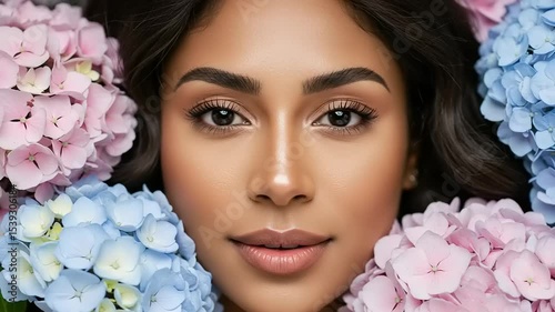 Portrait of a young woman with beautiful skin and makeup surrounded by Hydrangea flowers