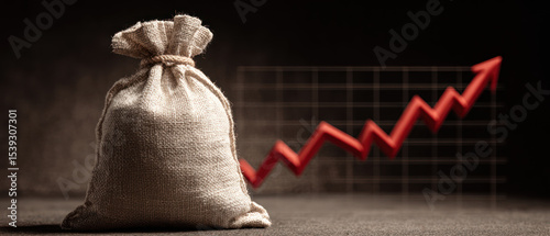 Money bag inflation economy growth rising chart concept with burlap sack and red arrow.