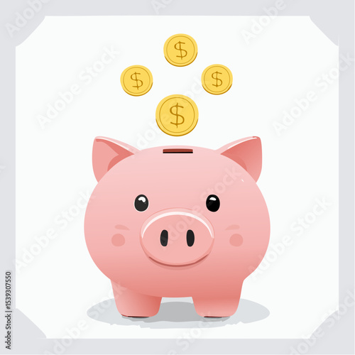 A clean piggy bank vector with coins dropping in, symbolizing saving money and financial awareness.