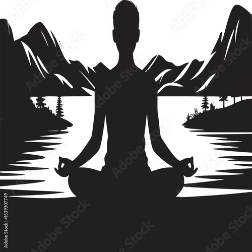 Silhouette of a person meditating in front of a lake with mountains and a large sun at sunset