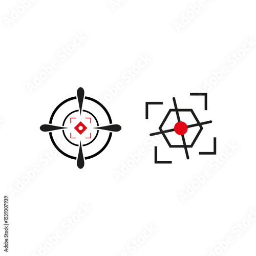 Crosshair vector icon. Red diamond center. Hexagon aim symbol. Bold target shape.