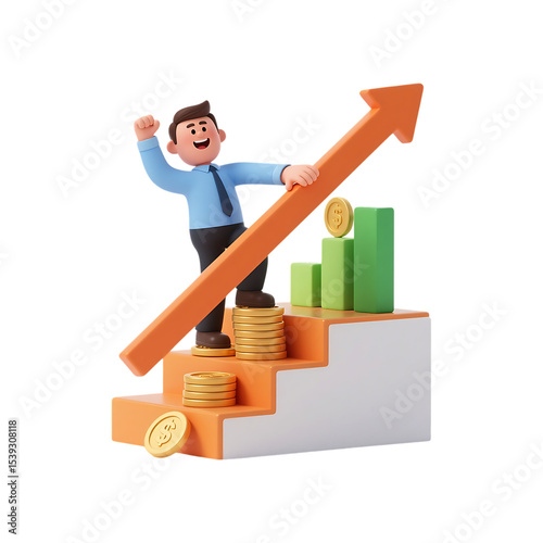 Happy businessman climbing stairs to success isolated on transparent background
