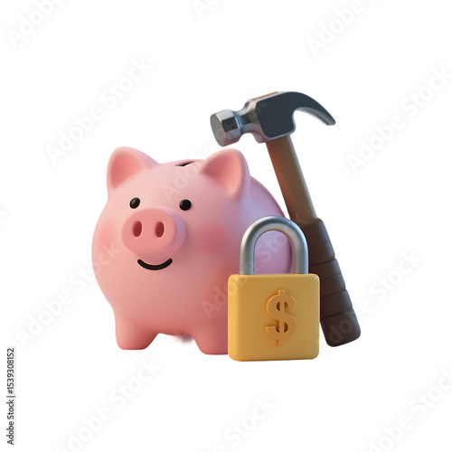 3d render piggy bank hammer lock security isolated on transparent background