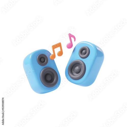 Cartoon 3d speakers with music notes isolated on transparent background
