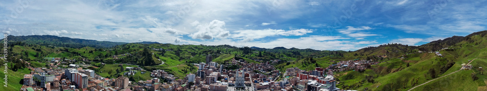 Fototapeta premium Donmatias, Antioquia, Colombia. June 15, 2025. Panoramic drone view. Municipality located 65 km from Medellín.
