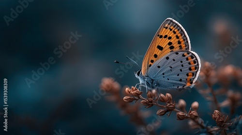 Macro butterfly resting on flowers with orange and blue colors  