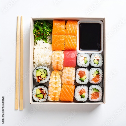  minimalist to-go sushi box containing colorful maki rolls and nigiri photo