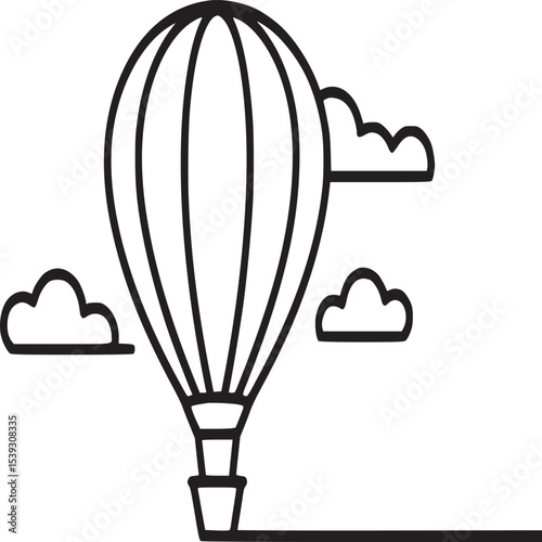 Line art of hot air balloon with clouds on white background in minimalist style illustration