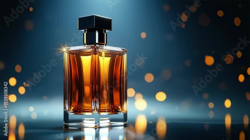 Elegant perfume bottle with amber liquid on a reflective surface with bokeh lights