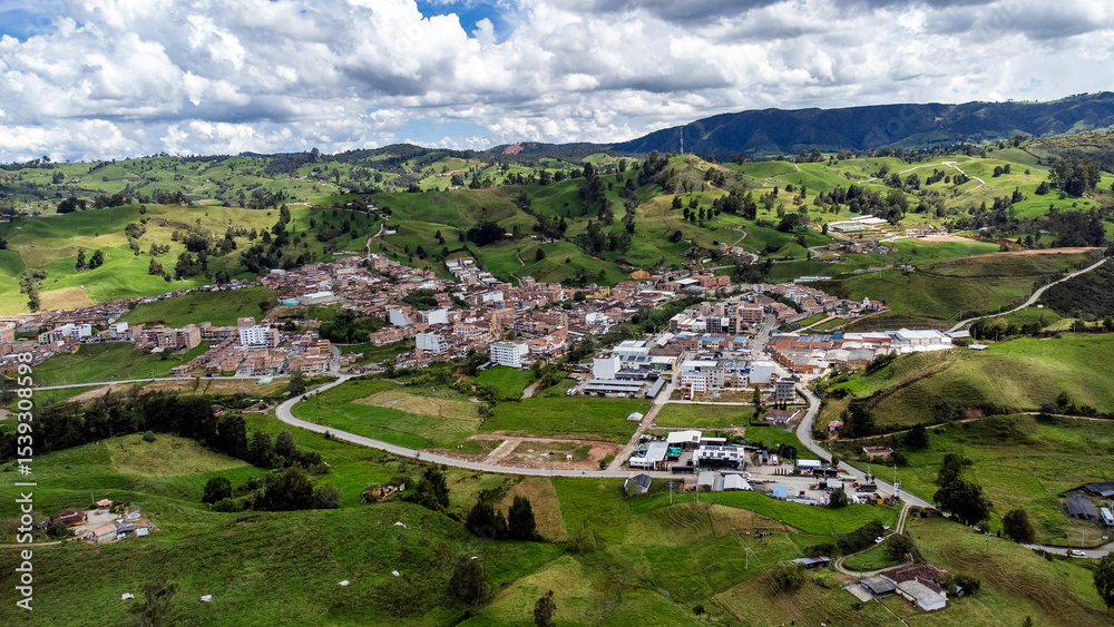 Obraz premium Entrerrios, Antioquia, Colombia. June 15, 2025. Panoramic view. Municipality located 54.4 km from Medellin.