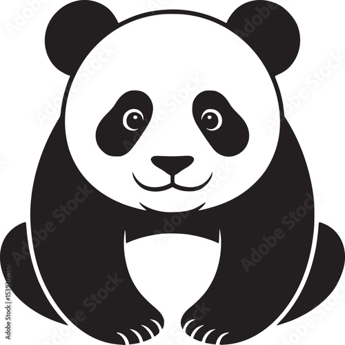 A cartoon panda sitting with a smile in black and white on a white background illustration style