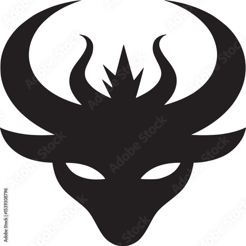 A stylized black silhouette of a horned creature on a white background with glowing white eyes