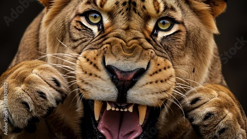 Close-up of a Lioness Roaring, Showing its Teeth and Claws