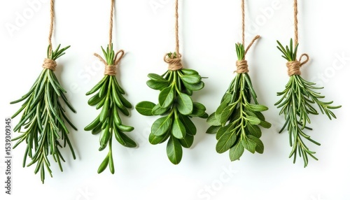 Bundled fresh herbs hanging on twine.