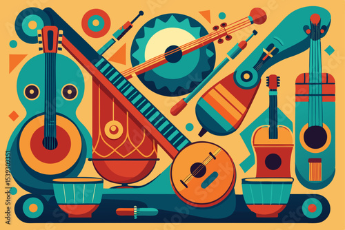 A vibrant collage of world musical instruments