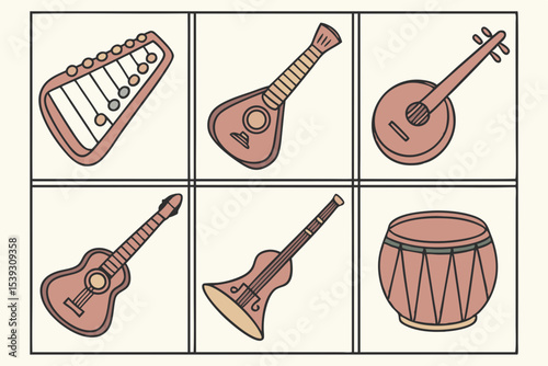 Collection of six diverse musical instruments