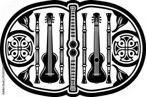 Celtic knotwork design featuring stringed instruments