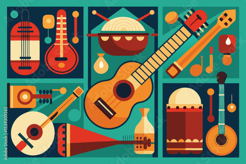 A colorful collection of world musical instruments