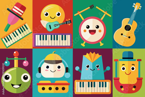 Adorable cartoon musical instruments and toys