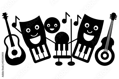 Happy musical instruments band cartoon illustration