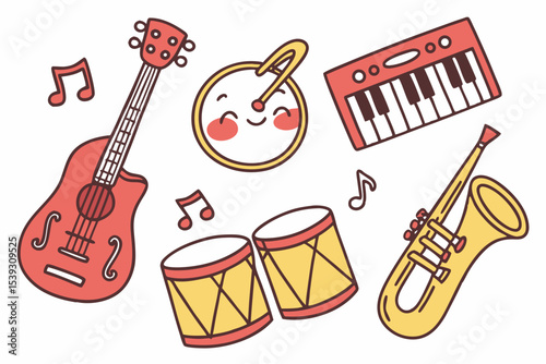 Cartoon musical instruments and cute cymbal