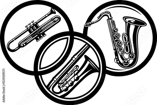 Intertwined brass instruments trumpet saxophone and trombone