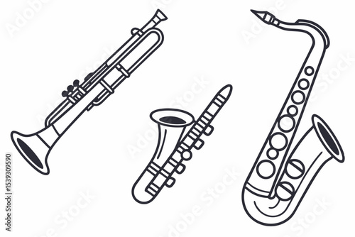 Line art drawings of trumpet clarinet and saxophone