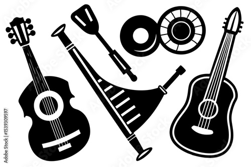 Collection of black and white musical instruments