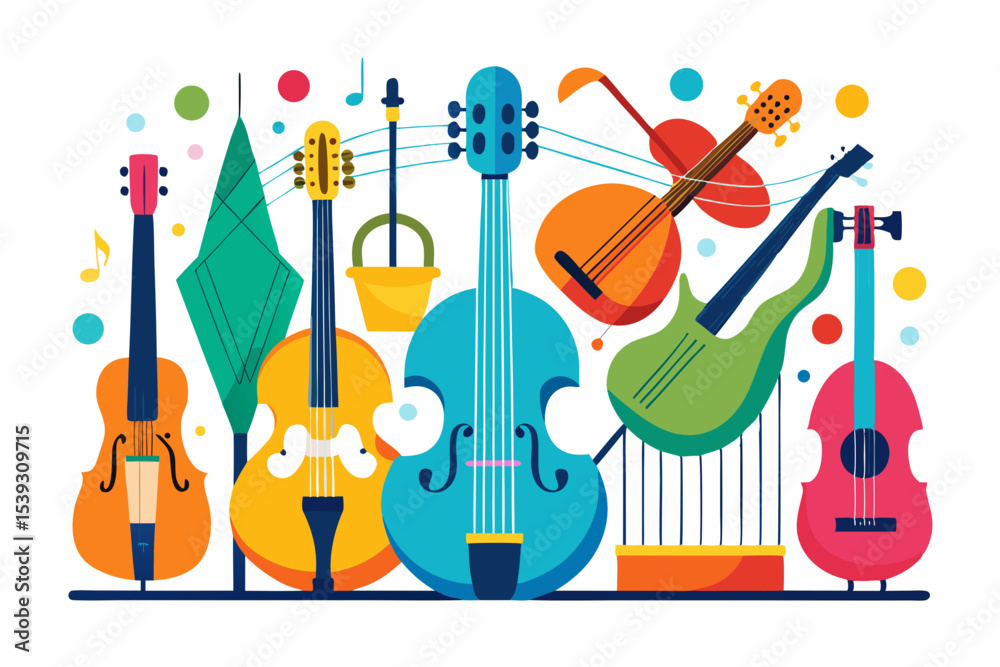 Colorful collection of stringed musical instruments