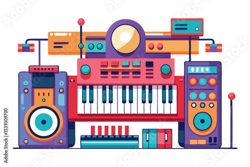 Colorful retro music studio synthesizer setup