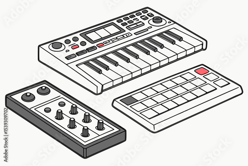 Music production equipment illustration synthesizer midi controller and drum pad