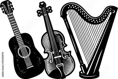 Acoustic guitar violin and harp illustration