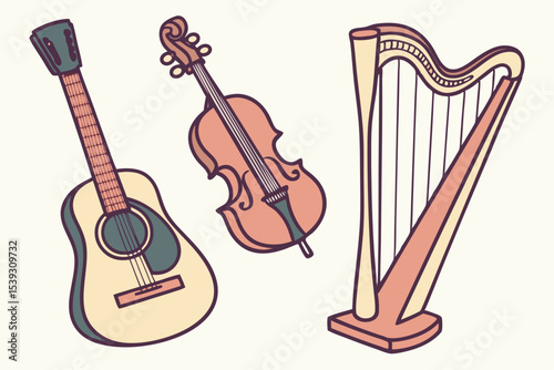 Acoustic guitar cello and harp illustration